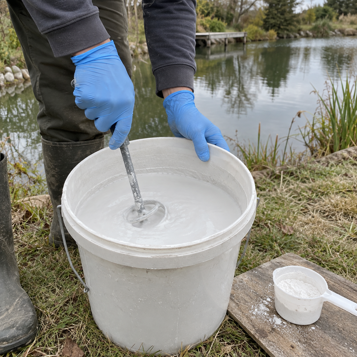 Mise en situation générée : préparation d’une suspension minérale dans l’eau avant application.