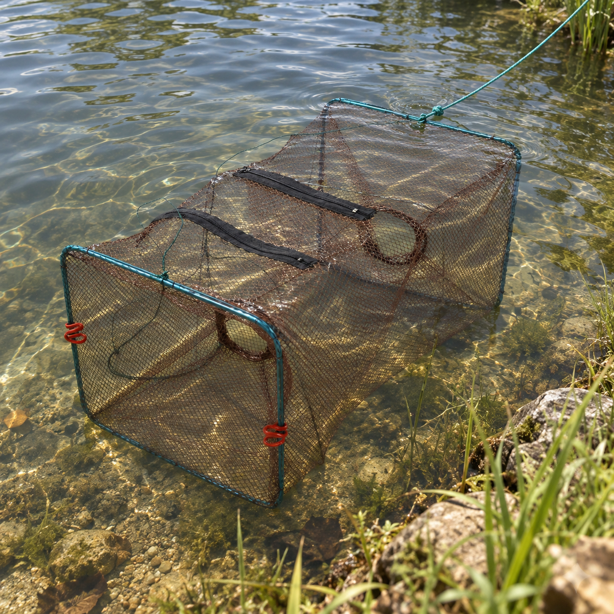 Mise en situation générée : nasse à poissons placée dans un bassin avec cordon de relevage.