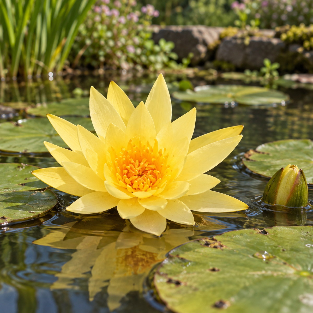 Mise en situation générée : floraison illustrative d’un nénuphar jaune à la surface d’un bassin.