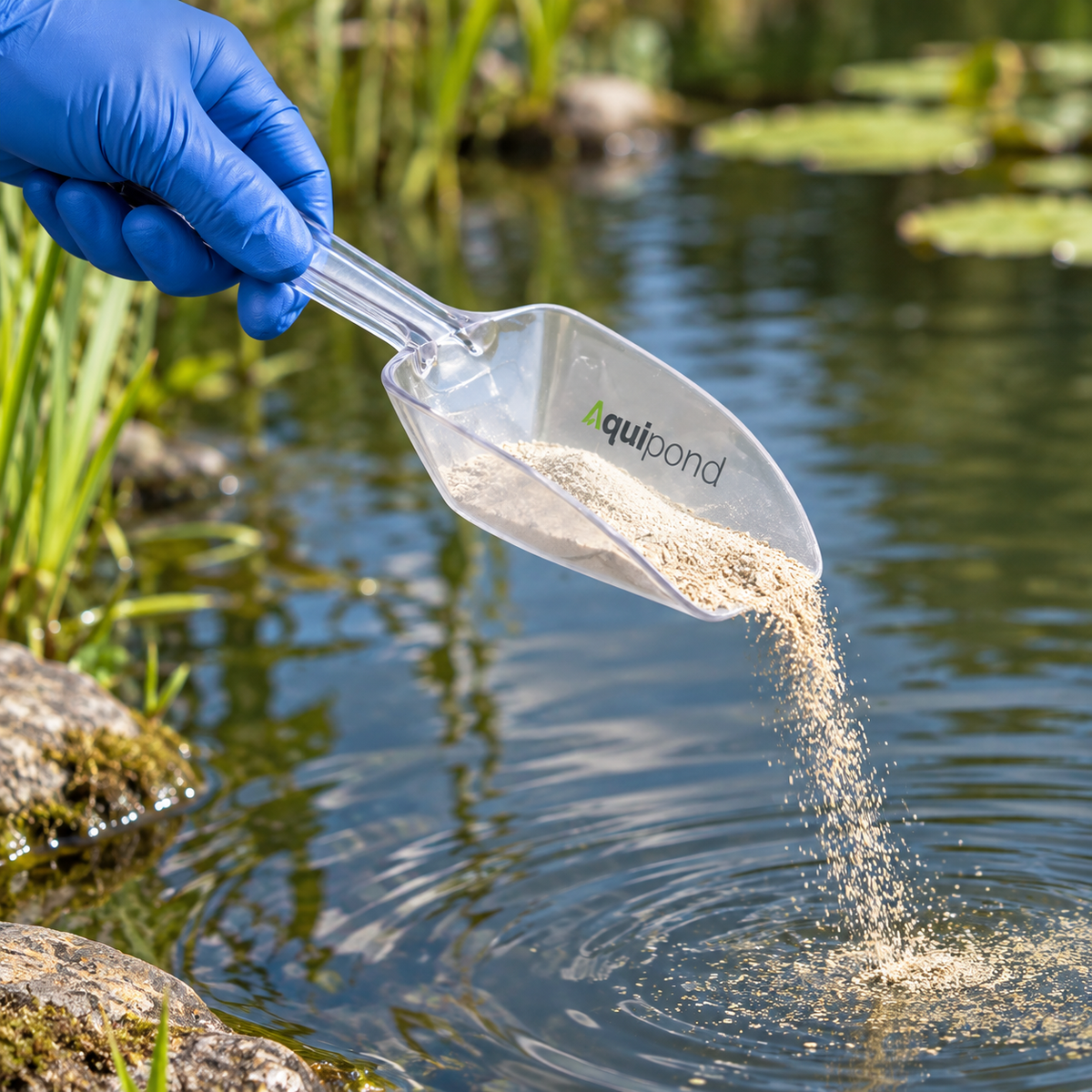 Mise en situation générée : épandage d’une poudre de traitement avec la pelle Aquipond.