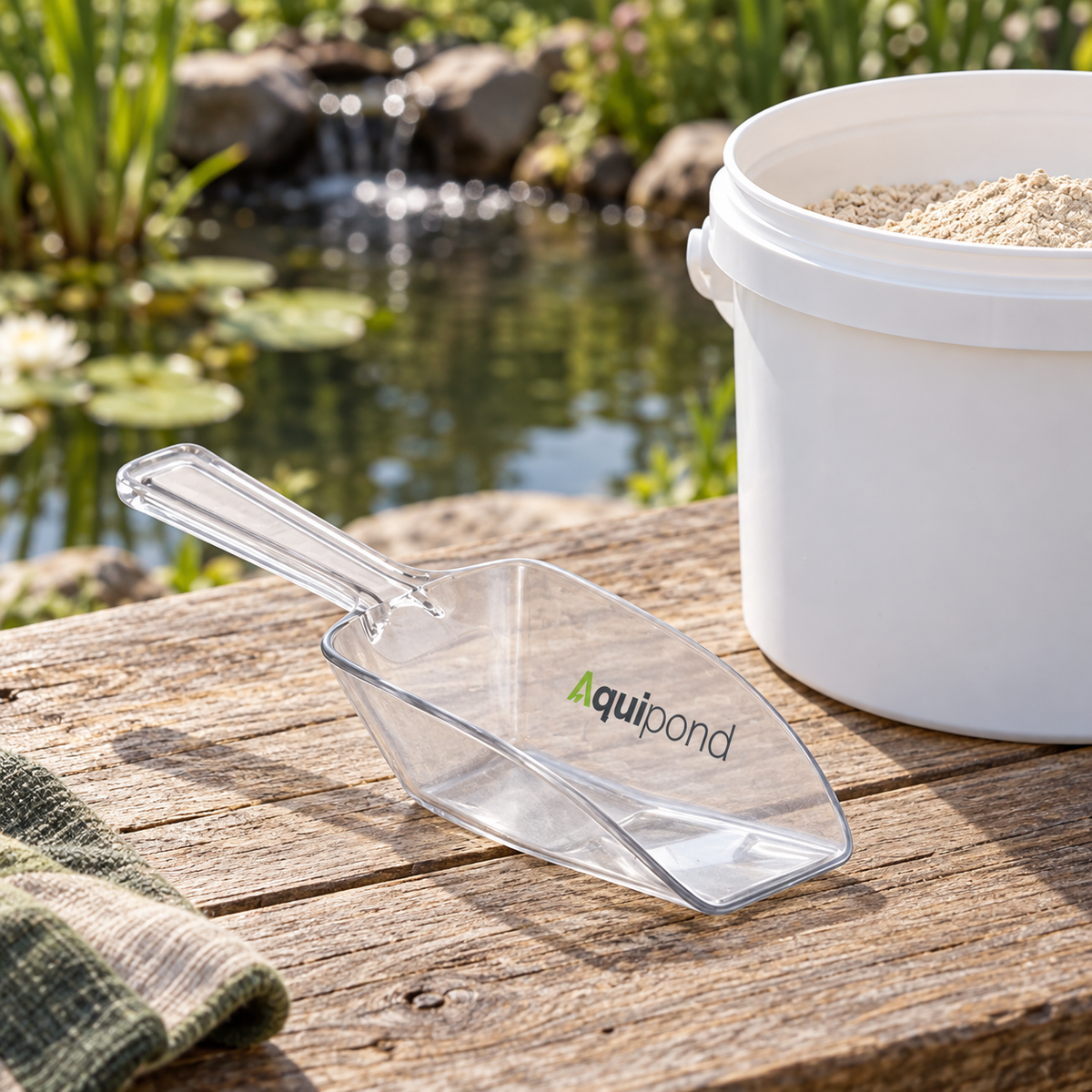 Mise en situation générée : pelle transparente Aquipond et préparation des produits au bord du bassin.