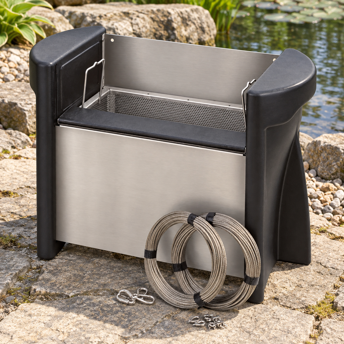 Mise en situation générée : OASE Skimmer 250 et ses fixations présentés sur la berge avant installation.