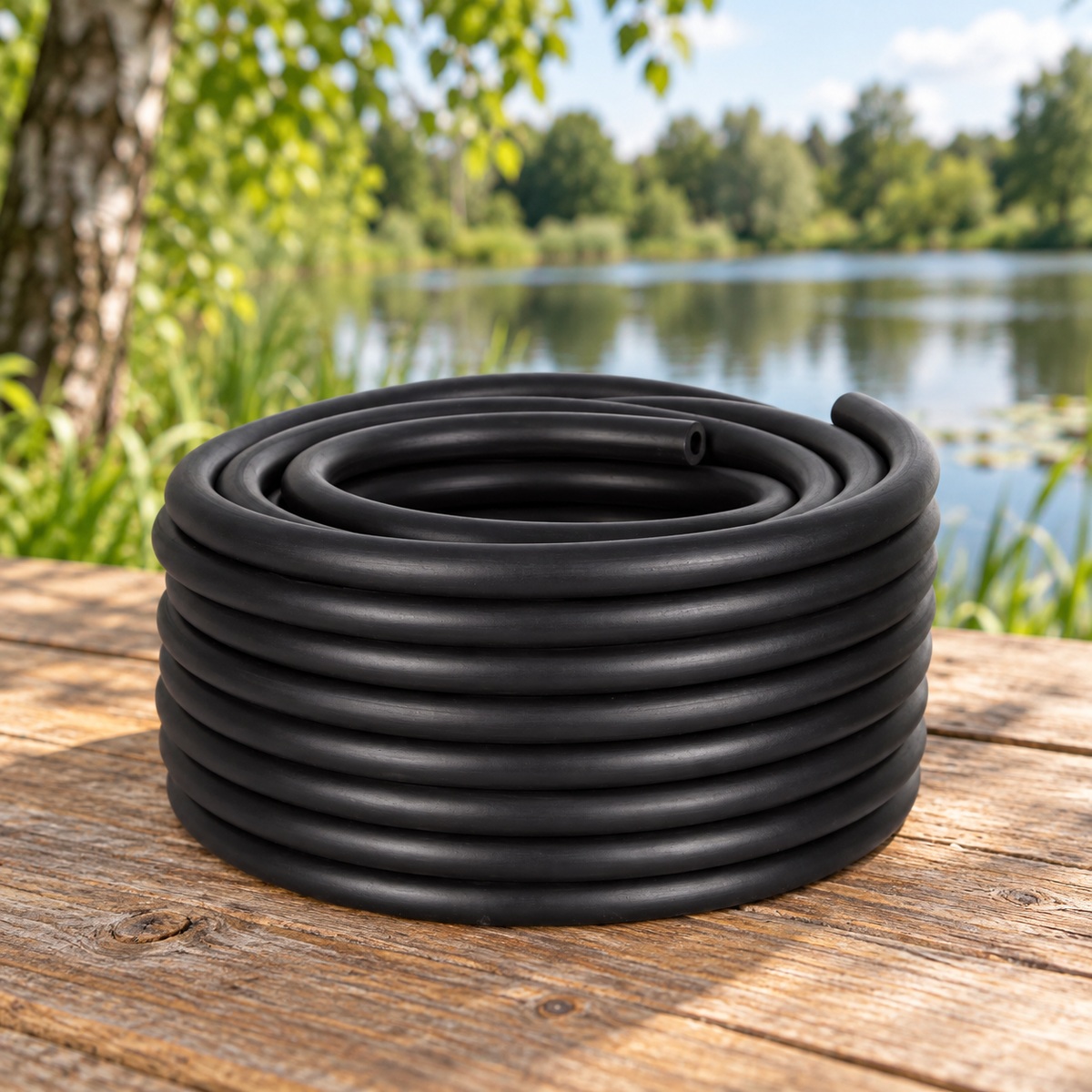 Mise en situation générée : couronne de tuyau OASE SubFlo Tubing H préparée près d’un plan d’eau.