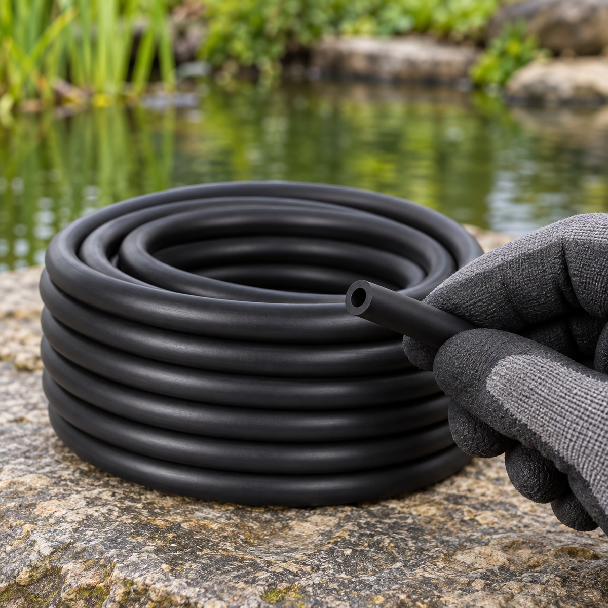 Mise en situation générée : détail de l’extrémité du tuyau OASE SubFlo Tubing H tenu avec un gant.